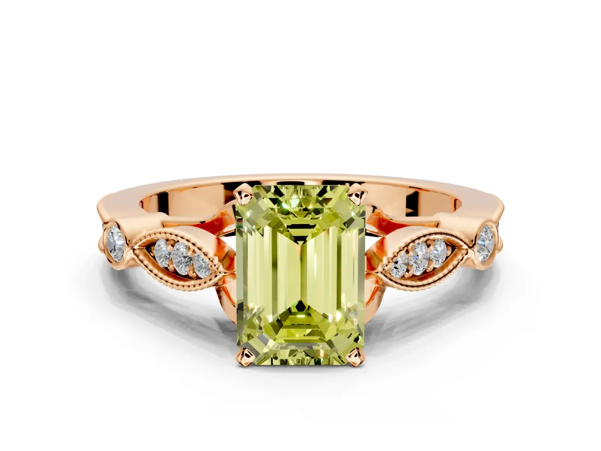 Solitaire Engagement Ring Setting for Fancy Yellow Emerald Cut Center with Marquise and Bezel Accents and Prong Head in Rose Gold