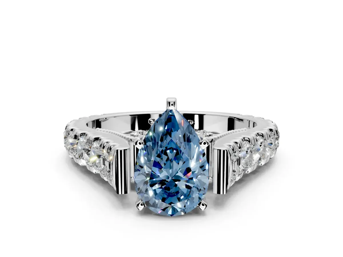 Solitaire Engagement Ring Setting for Fancy Blue Pear-Shaped Center with Pave Cathedral Shoulders and Prong Head in Sterling Silver