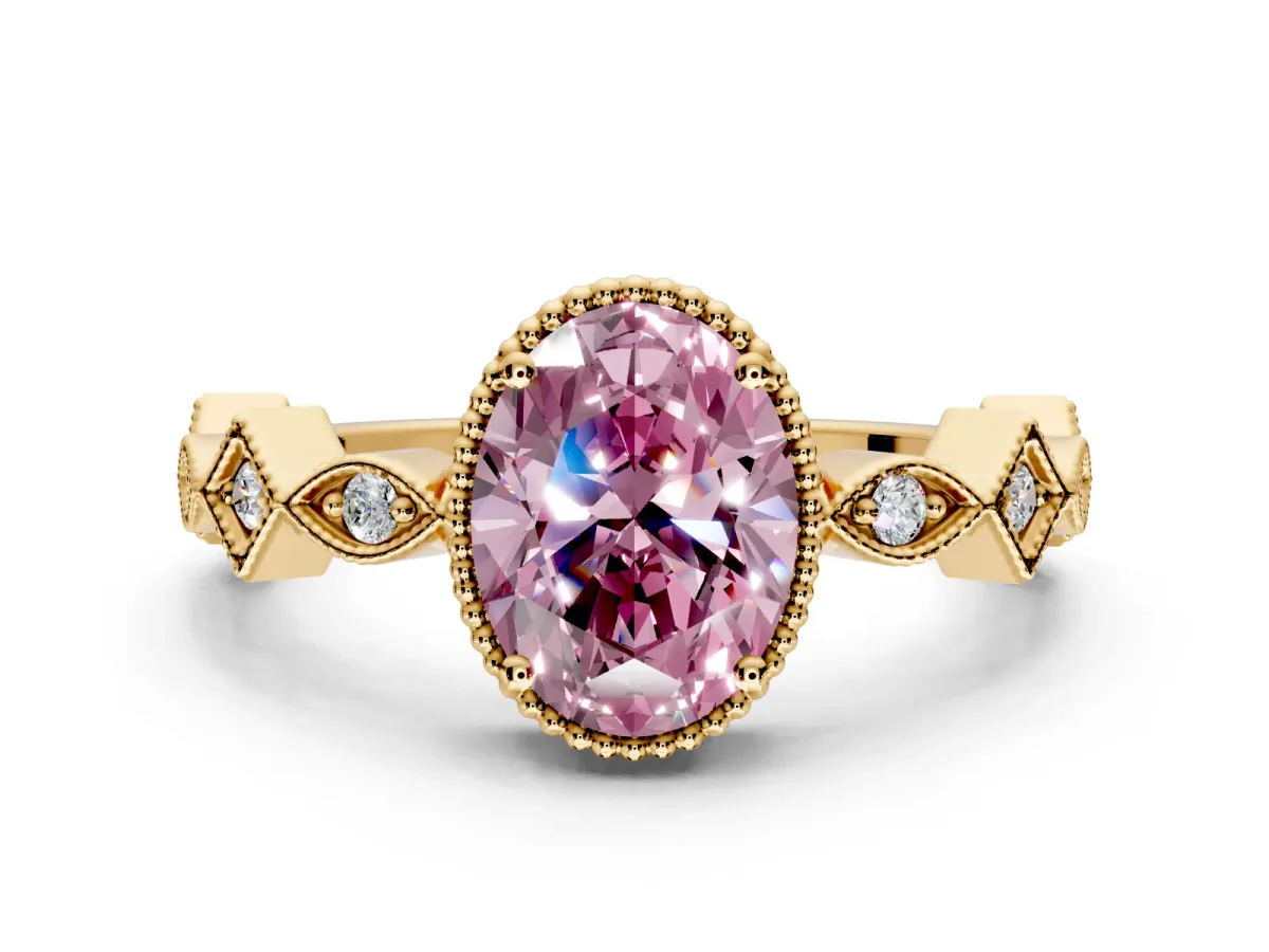 Milgrain Bezel Engagement Ring Setting for Fancy Pink Oval Center with Marquise Stations and Bezel Head in Yellow Gold