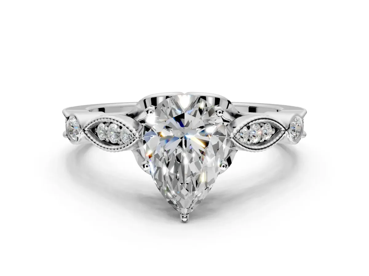 Solitaire Engagement Ring Setting for Pear-Shaped Center with Marquise and Bezel Accents and Prong Head in Platinum