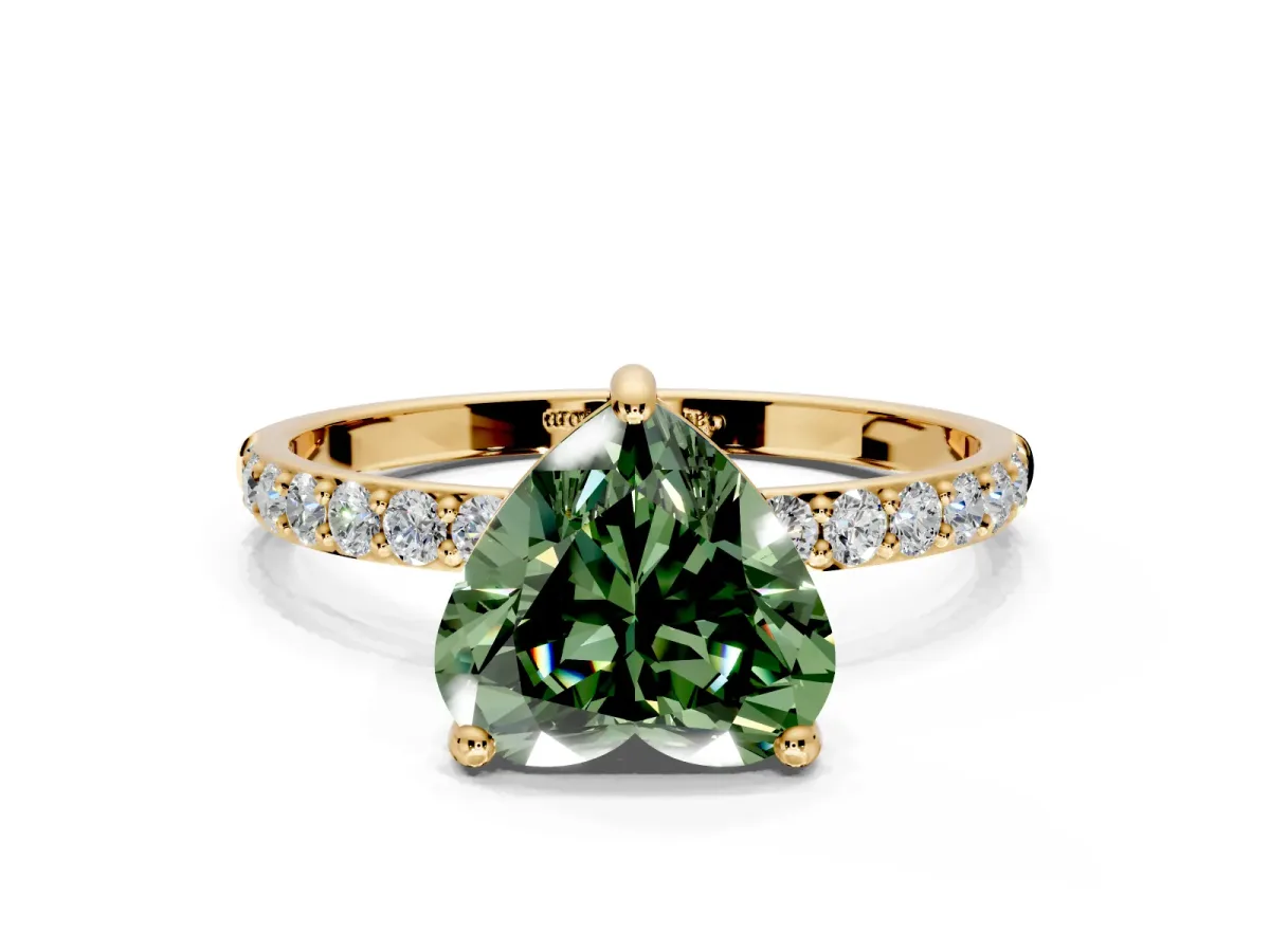 Solitaire Engagement Ring Setting for Fancy Green Heart-Shaped Center with Pave Accents and Prong Head in Yellow Gold