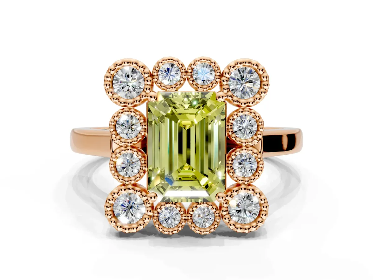 Cluster Halo Engagement Ring Setting for Fancy Yellow Emerald Cut Center with Milgrain Bezel Accents and Prong Head in Rose Gold