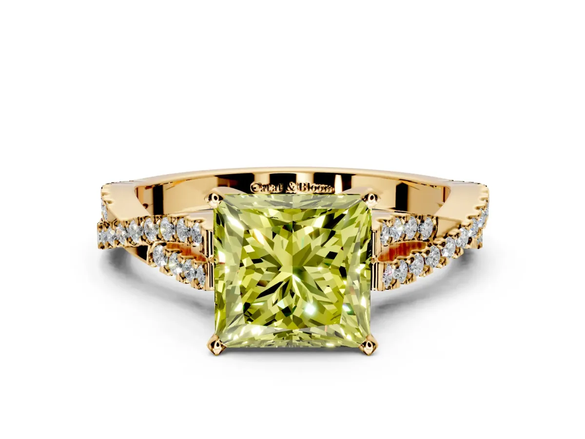 Solitaire Engagement Ring Setting for Fancy Yellow Princess Cut Center with Twisted Pave Split Shank and Prong Head in Yellow Gold