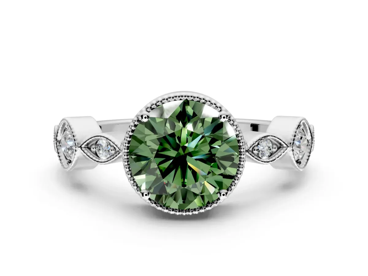Vintage Station Engagement Ring Setting for Fancy Green Round Cut Center with Accents and Prong Head in Sterling Silver