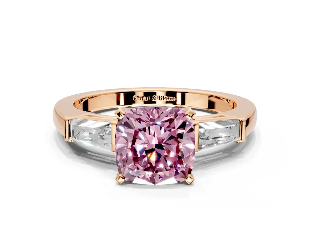 3 Stone Engagement Ring Setting for Fancy Pink Cushion Cut Center with Tapered Baguettes, Plain Band and Prong Head in Rose Gold