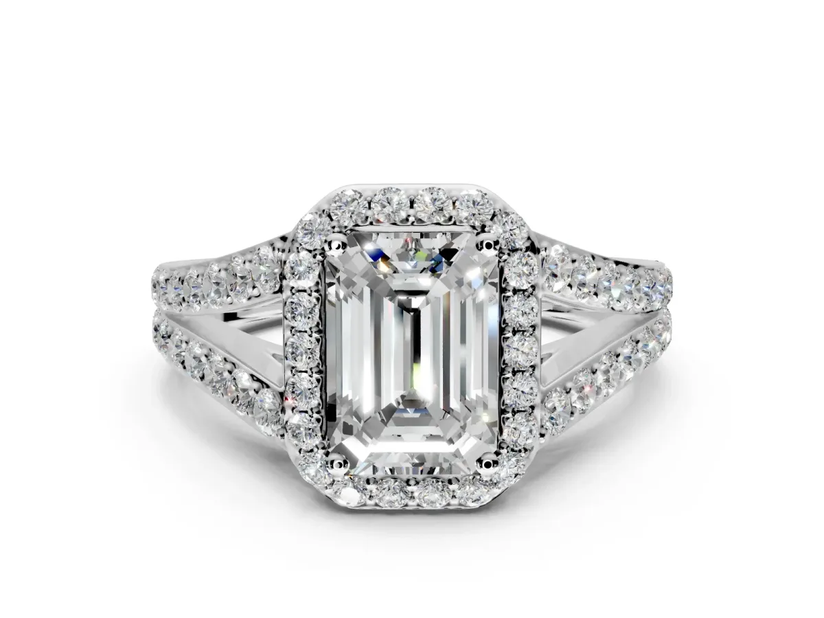 Halo Engagement Ring Setting for Emerald Cut Center with Narrow Pave Split Shank and Prong Head in Platinum