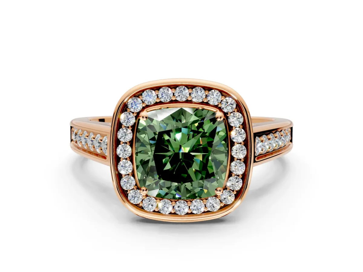 Halo Engagement Ring Setting for Fancy Green Cushion Cut Center with Outer Bezel Rim, Pave Band and Prong Head in Rose Gold