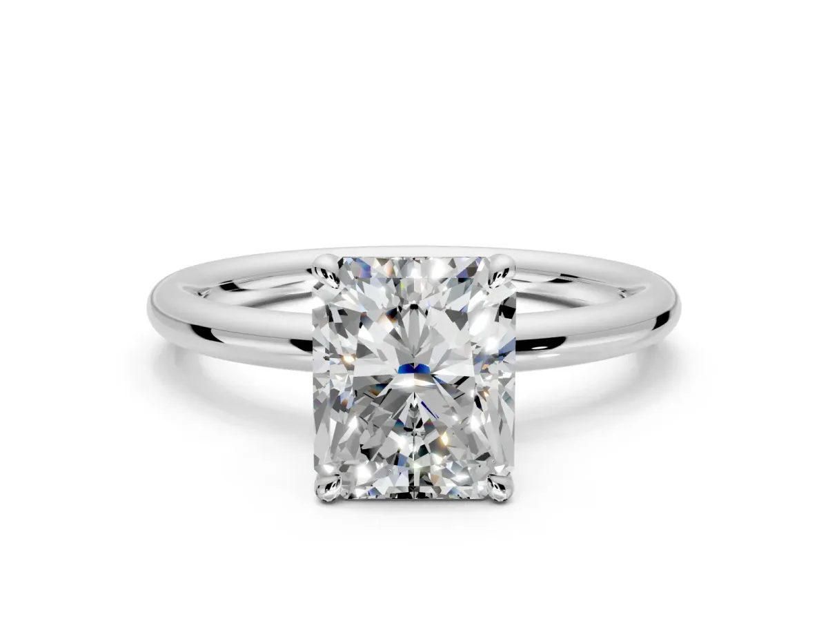 Hidden Halo Engagement Ring Setting for Radiant Cut Center with Thin Rounded Band and Prong Head in Sterling Silver