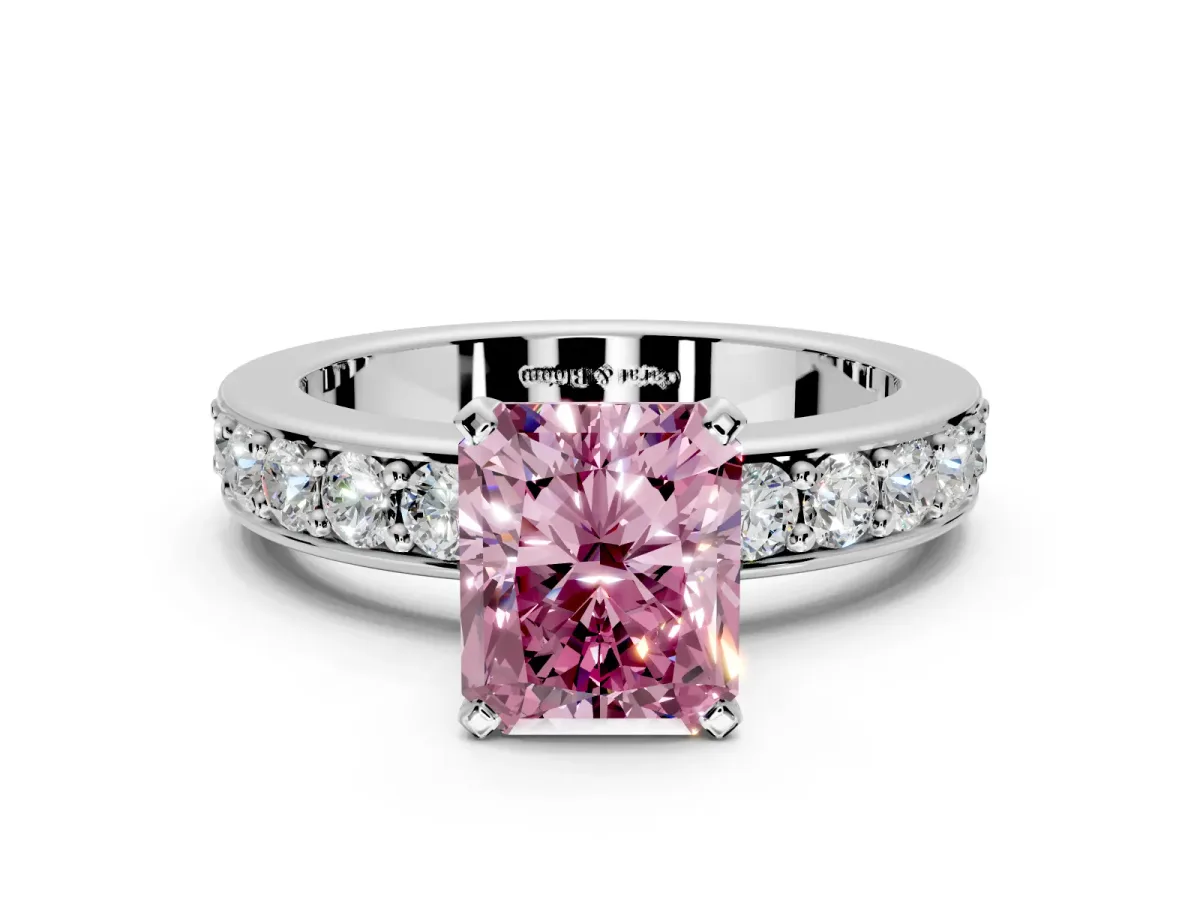 Solitaire Engagement Ring Setting for Fancy Pink Radiant Cut Center with Channel-Set Accents and Prong Head in Platinum