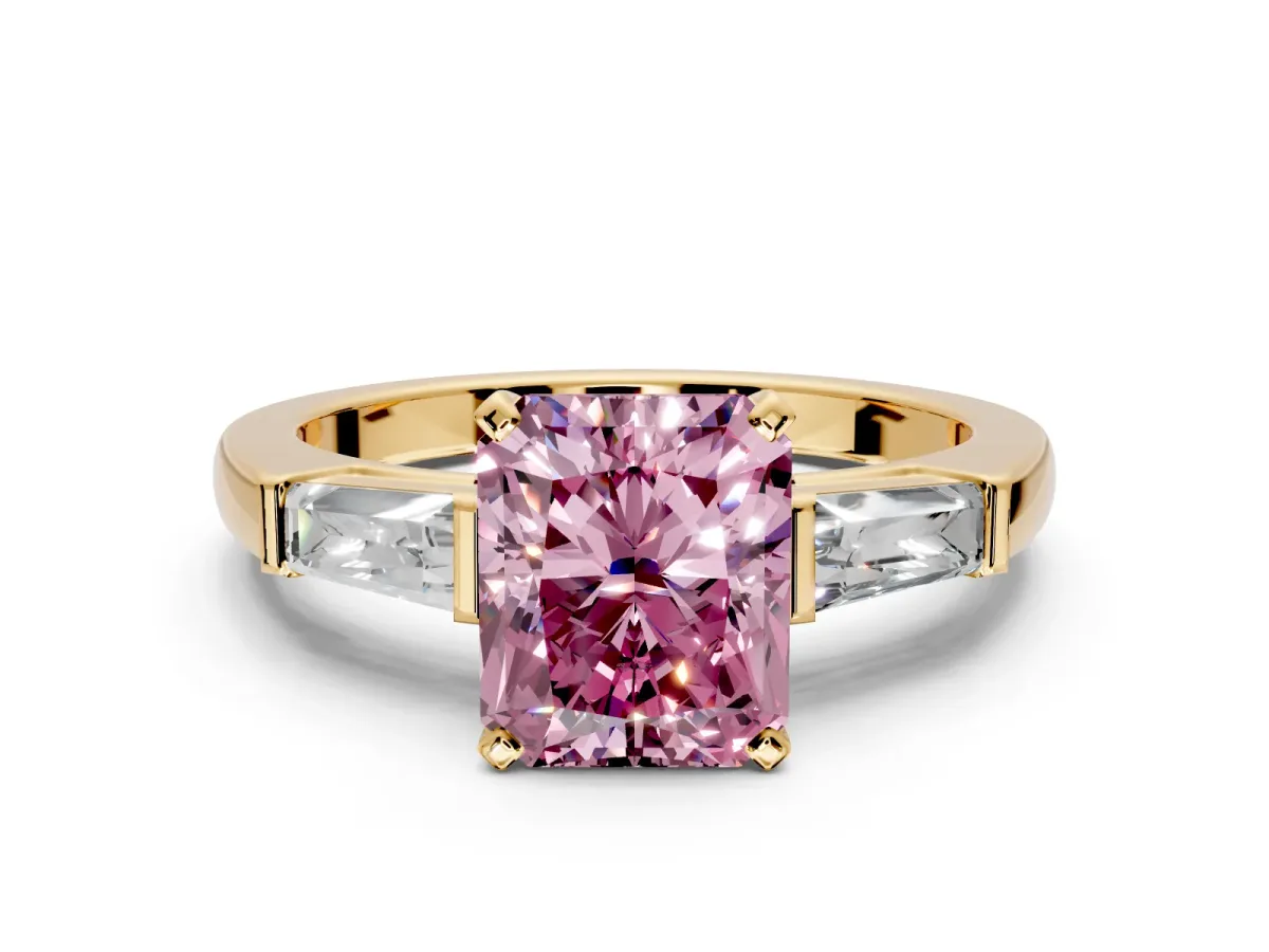 3 Stone Engagement Ring Setting for Fancy Pink Radiant Cut Center with Tapered Baguettes, Plain Band and Prong Head in Yellow Gold