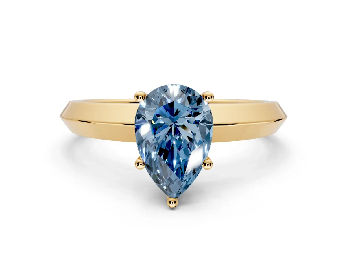 Solitaire Engagement Ring Setting for Fancy Blue Pear-Shaped Center with Wide Knife Ridge Band and Prong Head in Yellow Gold