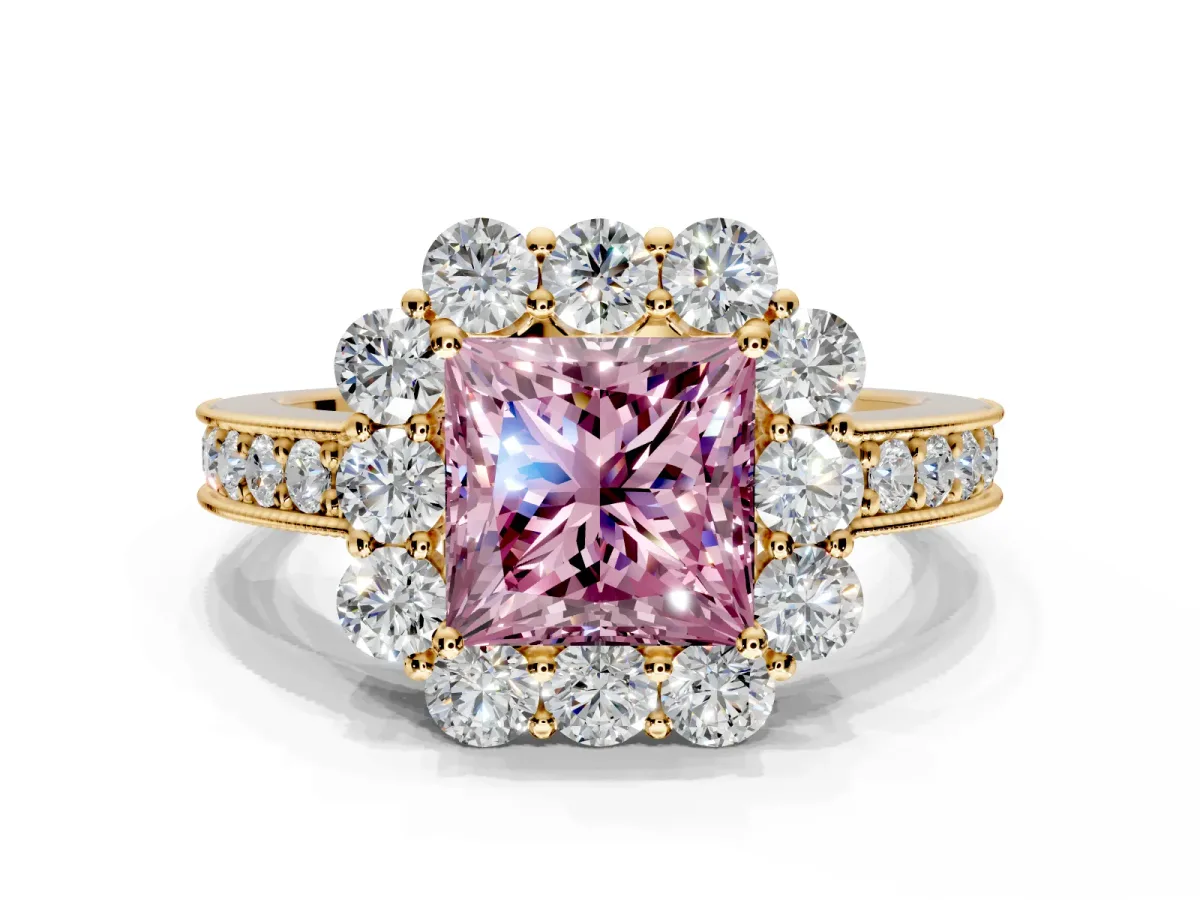 Halo Engagement Ring Setting for Fancy Pink Princess Cut Center with Milgrain Channel Band and Prong Head in Yellow Gold