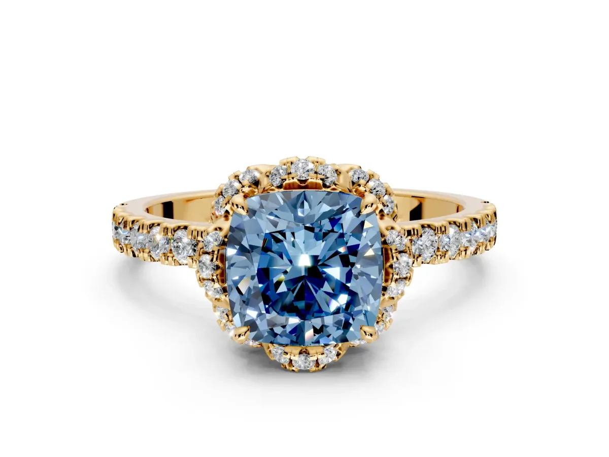 Halo Engagement Ring Setting for Fancy Blue Cushion Cut Center with Openwork Halo, Pave Band and Prong Head in Yellow Gold
