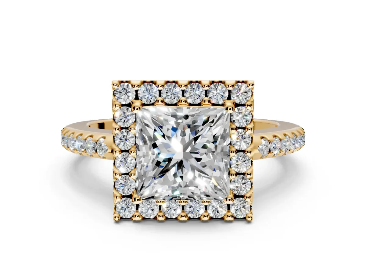 Pave Halo Engagement Ring Setting for Princess Cut Center with Single Row Pave Band and Prong Head in Yellow Gold