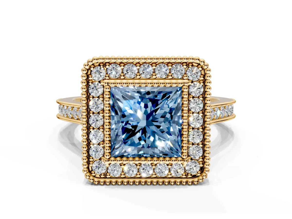 Halo Engagement Ring Setting for Fancy Blue Princess Cut Center with Milgrain Frame, Pave Band and Prong Head in Yellow Gold