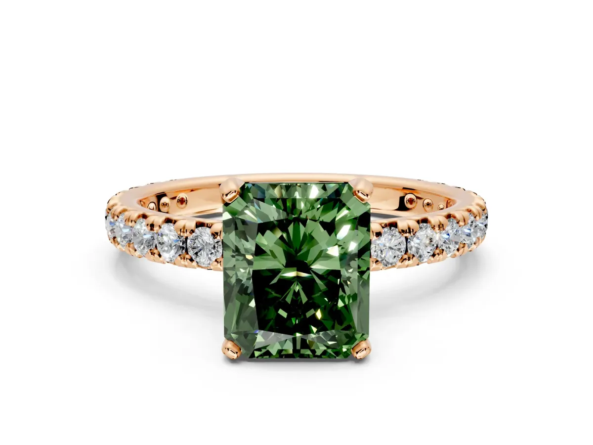 Solitaire Engagement Ring Setting for Fancy Green Radiant Cut Center with Shared-Prong Accents and Prong Head in Rose Gold