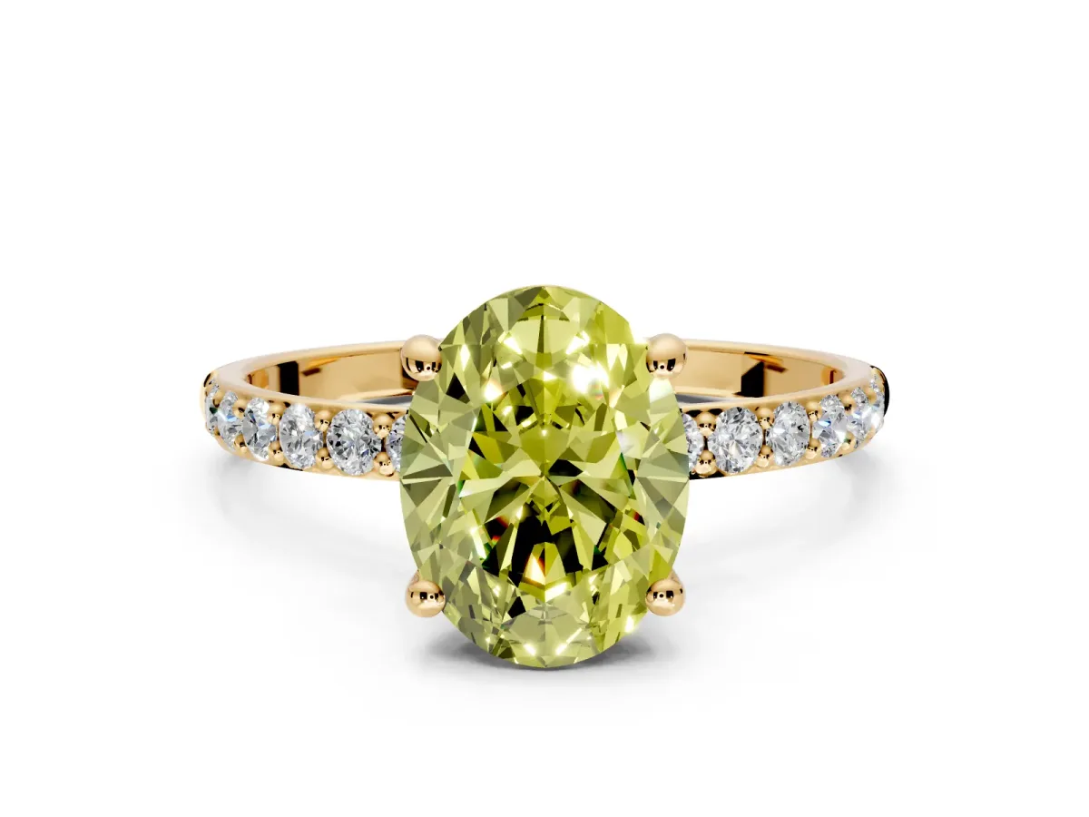 Solitaire Engagement Ring Setting for Fancy Yellow Oval Center with Pave Accents and Prong Head in Yellow Gold