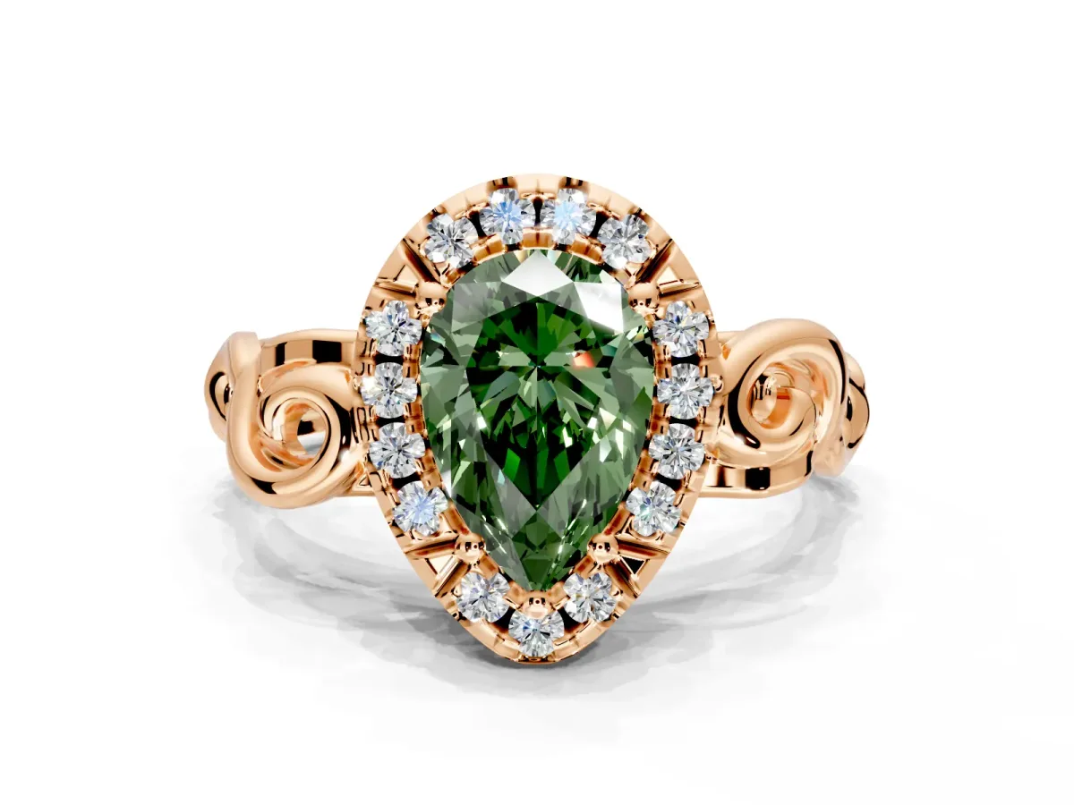Halo Engagement Ring Setting for Fancy Green Pear-Shaped Center with Open Scroll Shoulders and Prong Head in Rose Gold