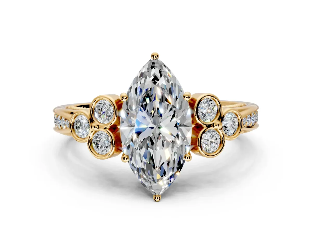 Cluster Engagement Ring Setting for Marquise Center with Bezel Accent Clusters and Prong Head in Yellow Gold