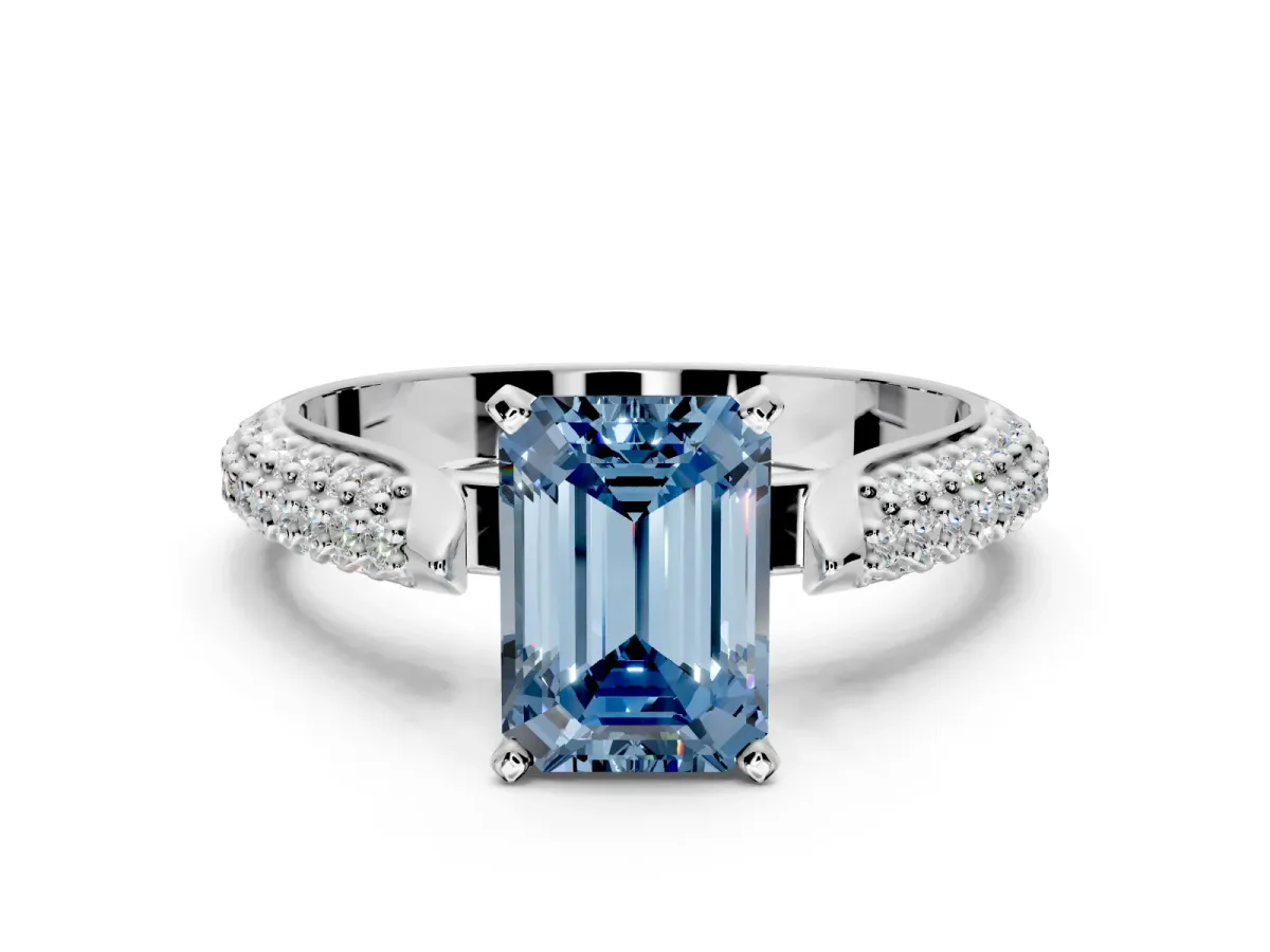 Solitaire Engagement Ring Setting for Fancy Blue Emerald Cut Center with Multi-Row Accents and Prong Head in Sterling Silver