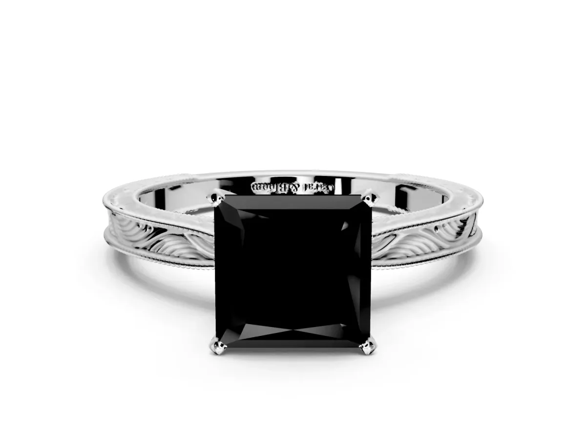 Solitaire Engagement Ring Setting for Fancy Black Princess Cut Center with Engraved Milgrain Band and Prong Head in Sterling Silver