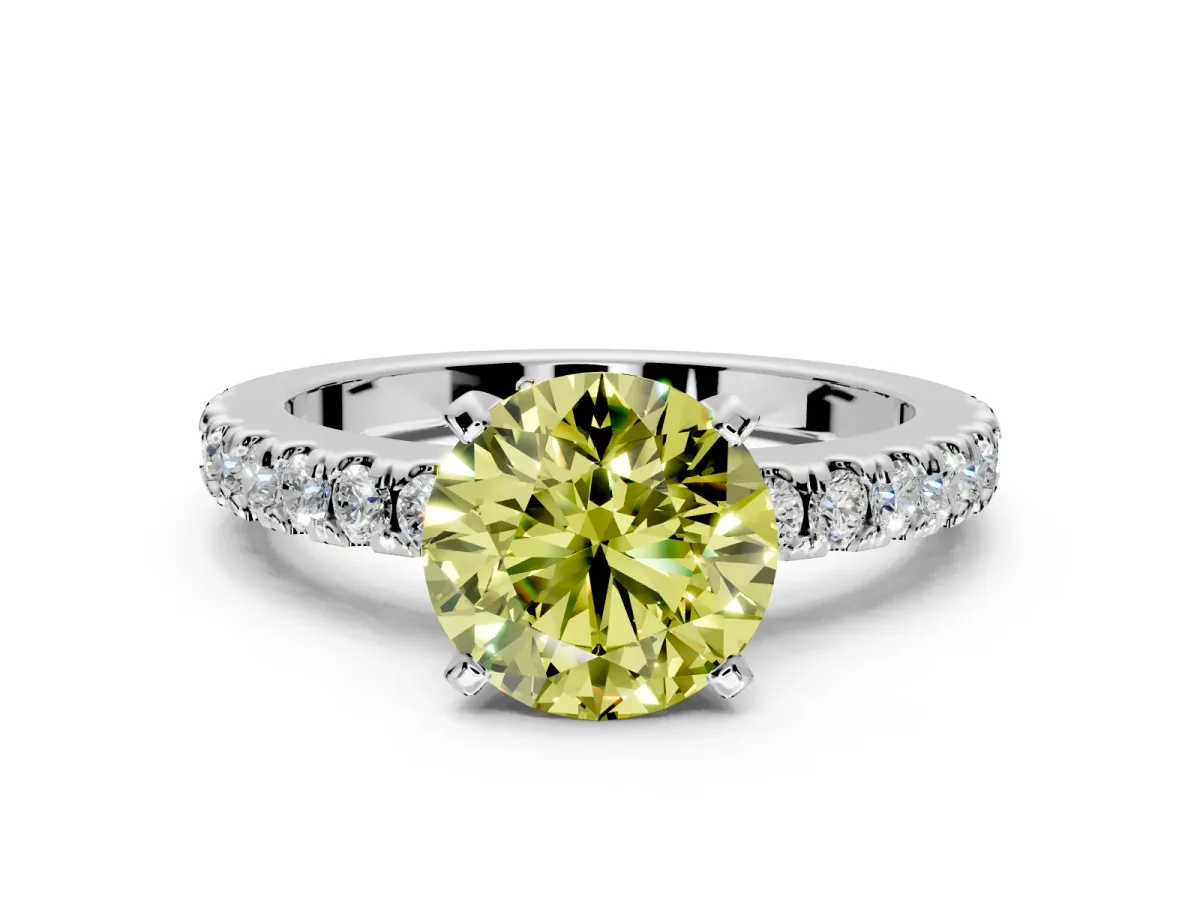 Solitaire Engagement Ring Setting for Fancy Yellow Round Cut Center with Single Row Accent Band and Prong Head in Sterling Silver