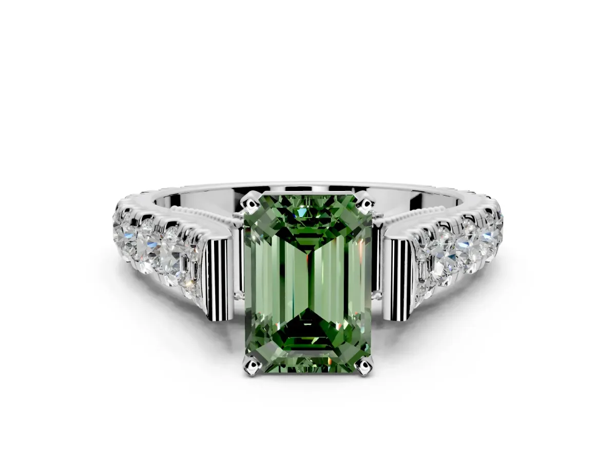 Solitaire Engagement Ring Setting for Fancy Green Emerald Cut Center with Pave Cathedral Shoulders and Prong Head in Platinum