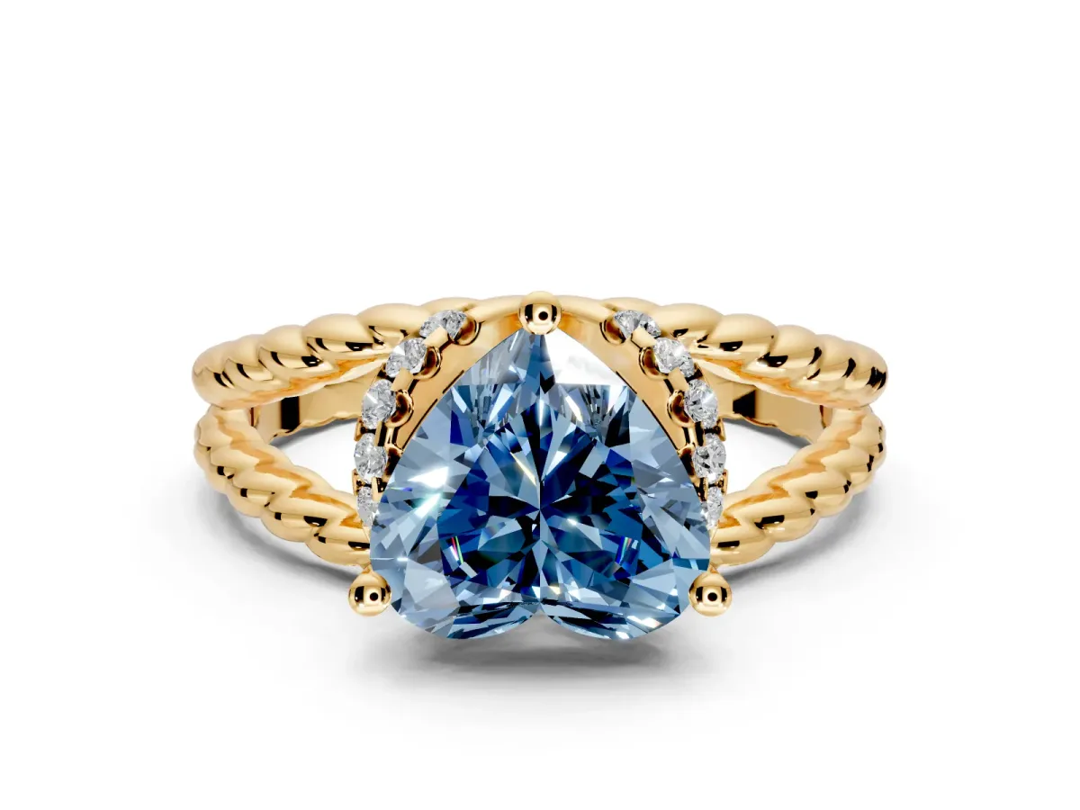 Halo Engagement Ring Setting for Fancy Blue Heart-Shaped Center with Rope Twist Split Shank and Prong Head in Yellow Gold