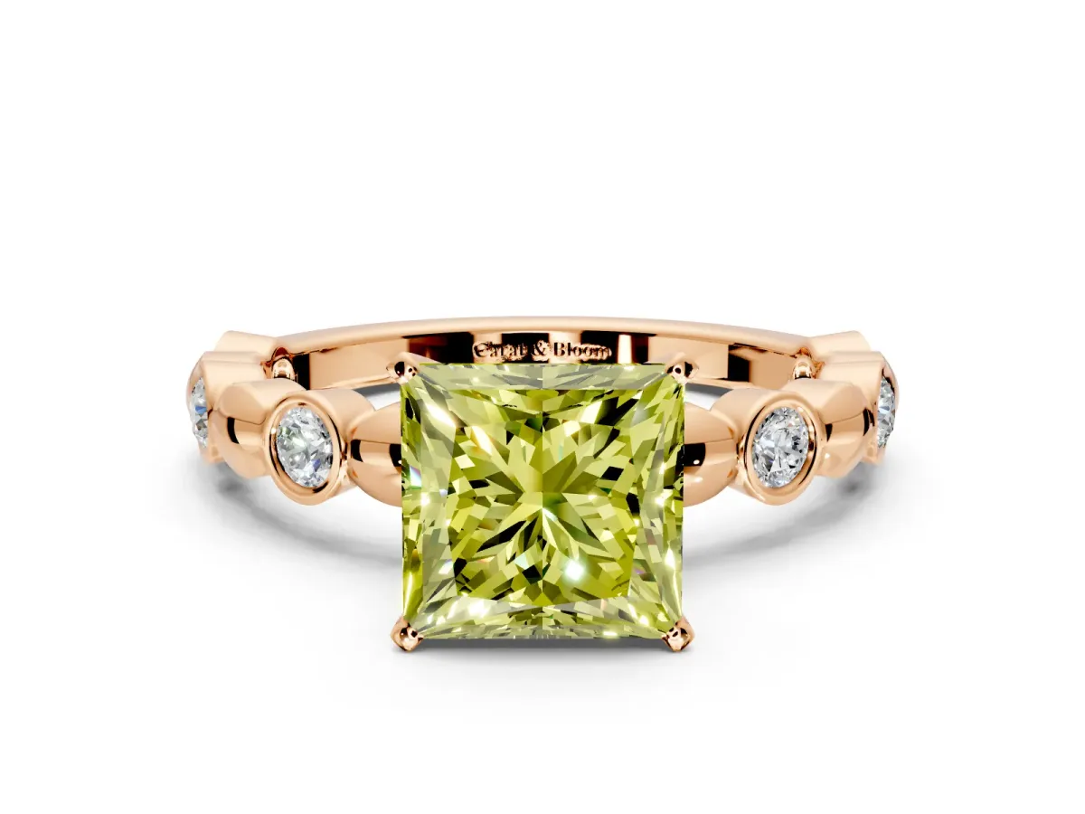 Solitaire Engagement Ring Setting for Fancy Yellow Princess Cut Center with Beaded Bezel Station Band and Prong Head in Rose Gold