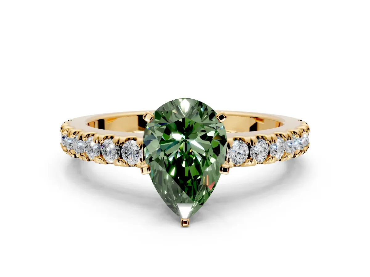 Solitaire Engagement Ring Setting for Fancy Green Pear-Shaped Center with Single Row Accent Band and Prong Head in Yellow Gold