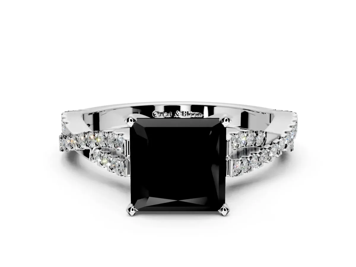 Solitaire Engagement Ring Setting for Fancy Black Princess Cut Center with Twisted Pave Split Shank and Prong Head in Platinum