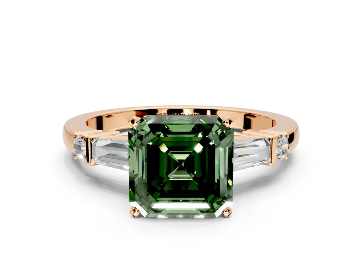 Bar-Set Engagement Ring Setting for Fancy Green Asscher Cut Center with Tapered Baguette Accents and Prong Head in Rose Gold
