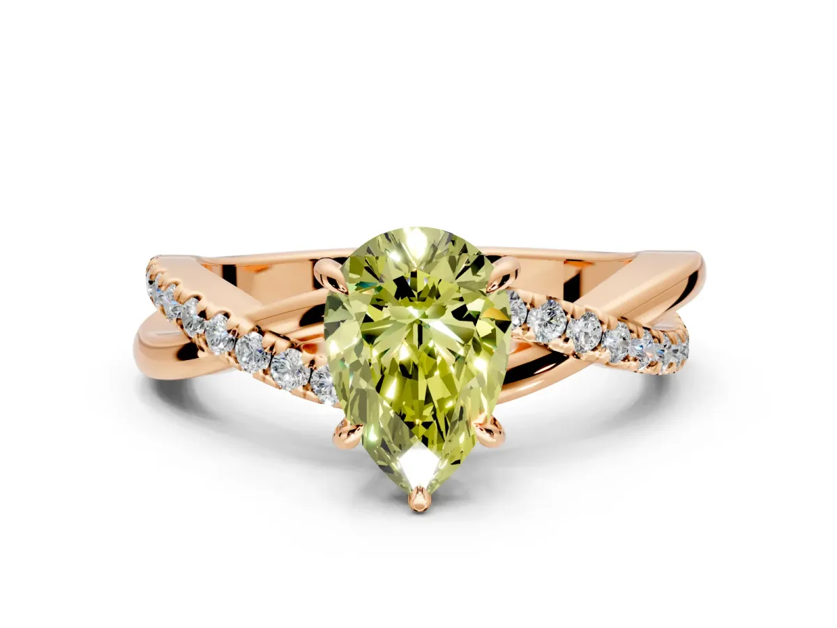 Crossover Engagement Ring Setting for Fancy Yellow Pear-Shaped Center with Pave and Plain Strands and Prong Head in Rose Gold