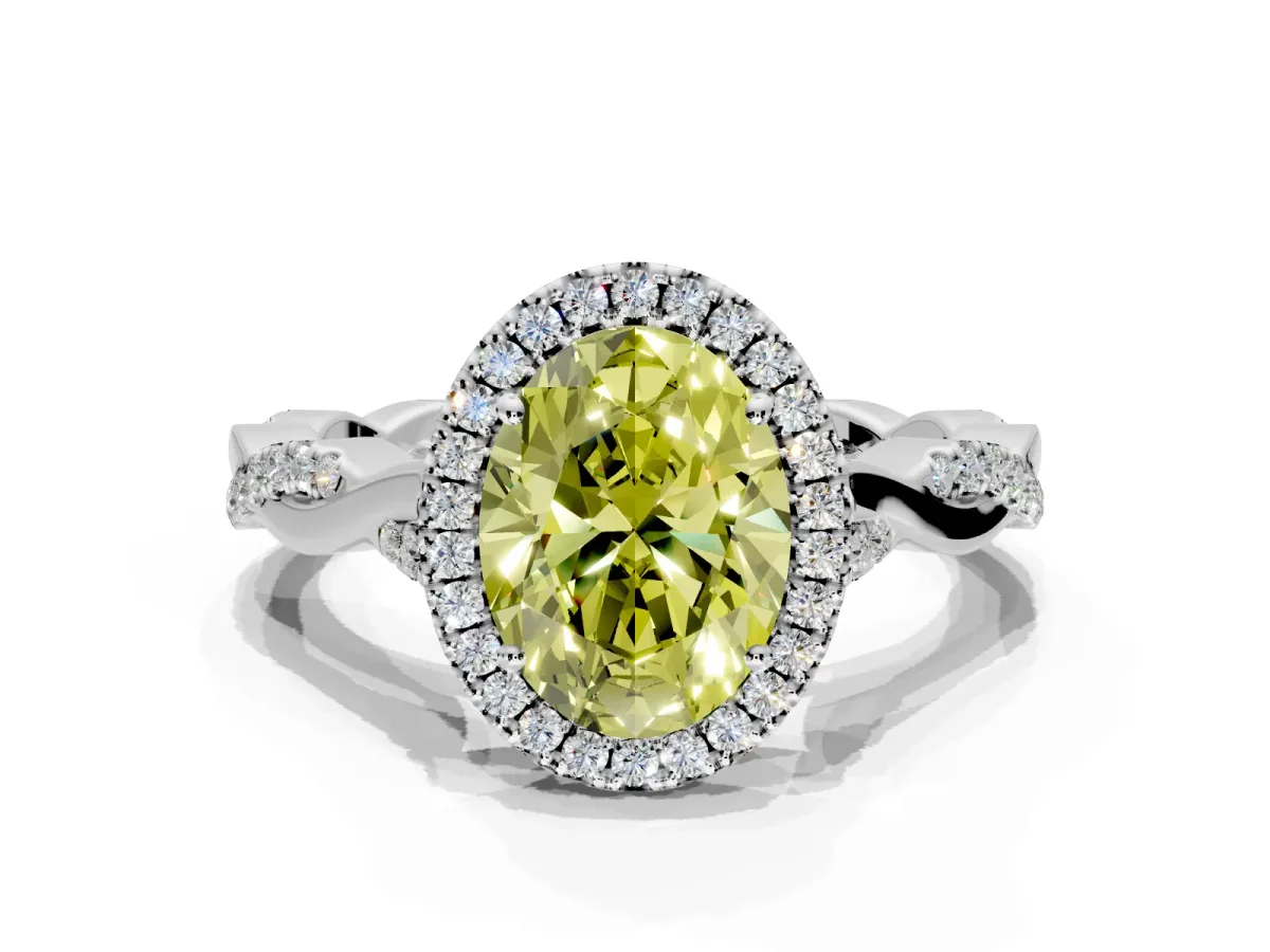 Halo Engagement Ring Setting for Fancy Yellow Oval Center with Twist Band and Prong Head in Sterling Silver