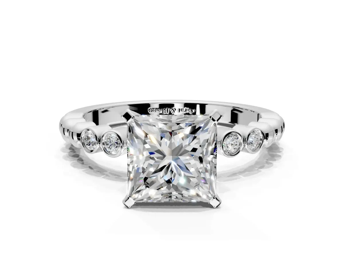 Solitaire Engagement Ring Setting for Princess Cut Center with Bezel-Dot Beaded Band and Prong Head in White Gold