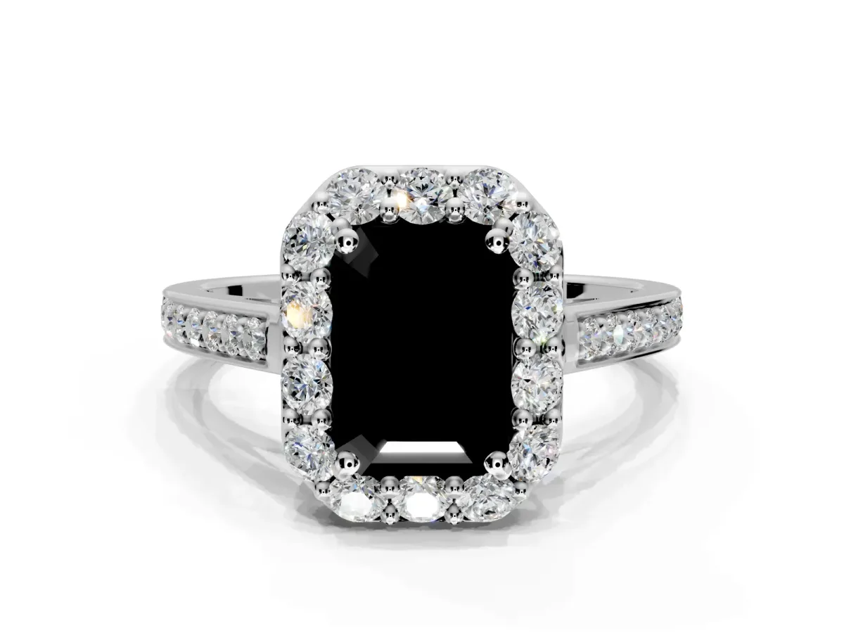 Floral Halo Engagement Ring Setting for Fancy Black Emerald Cut Center with Large Halo Accents and Prong Head in Platinum