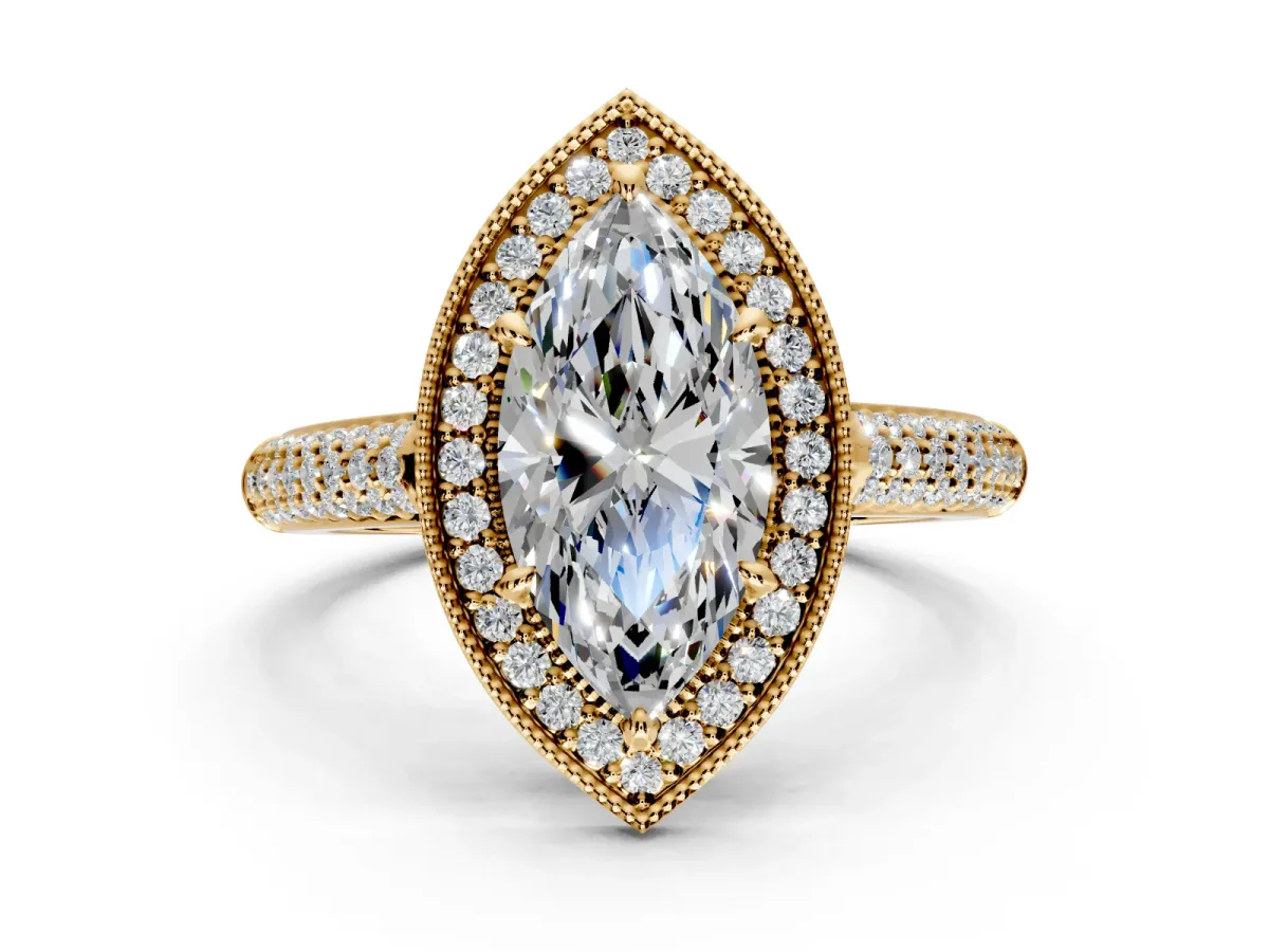 Milgrain Halo Engagement Ring Setting for Marquise Center with Three-Sided Pave Band and Prong Head in Yellow Gold