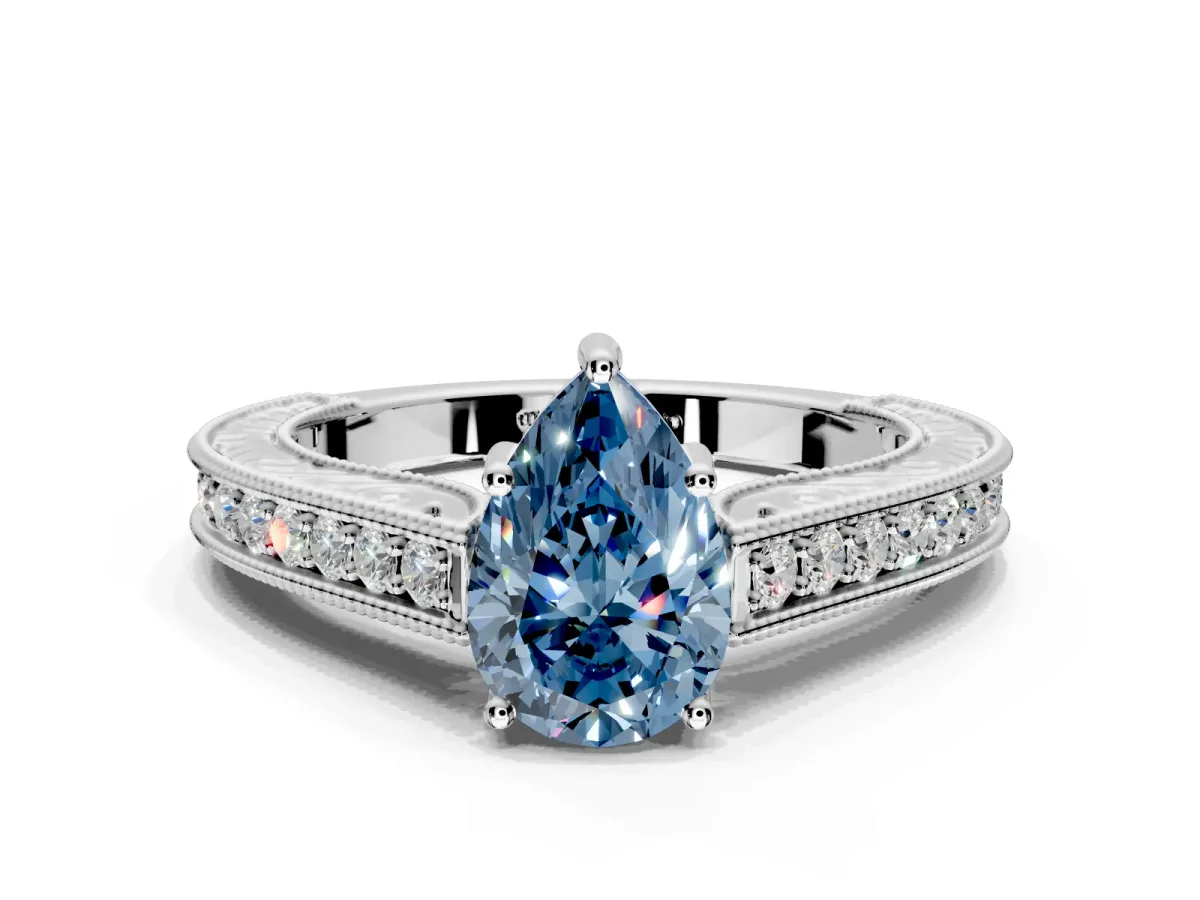 Solitaire Engagement Ring Setting for Fancy Blue Pear-Shaped Center with Engraved Pave Band and Prong Head in Platinum