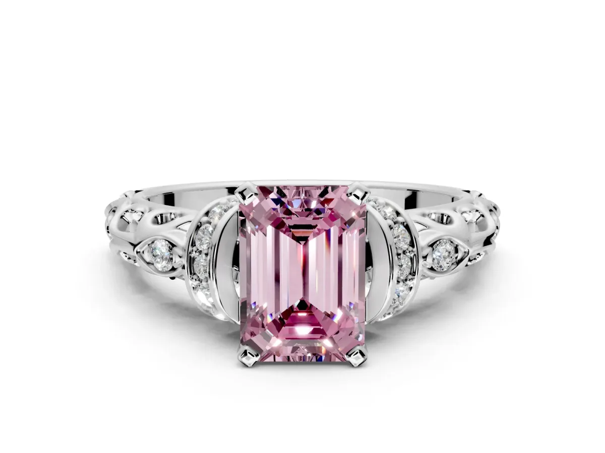 Solitaire Engagement Ring Setting for Fancy Pink Emerald Cut Center with Filigree Band and Prong Head in Platinum