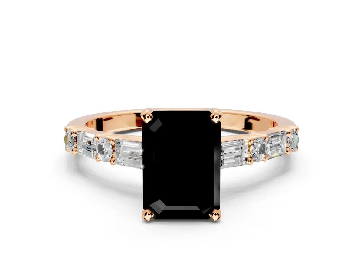 Baguette Engagement Ring Setting for Fancy Black Emerald Cut Center with Alternating Bar-Set Band and Prong Head in Rose Gold