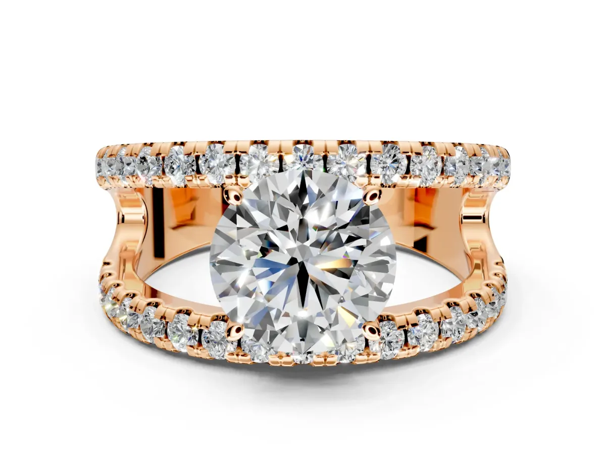 Solitaire Engagement Ring Setting for Round Cut Center with Wide-Open Split Shank and Prong Head in Rose Gold
