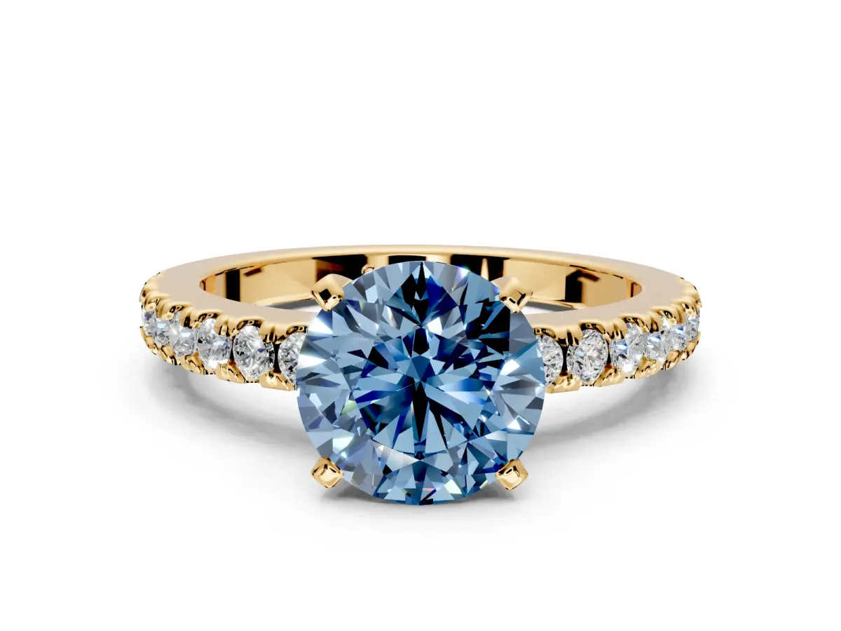 Solitaire Engagement Ring Setting for Fancy Blue Round Cut Center with Single Row Accent Band and Prong Head in Yellow Gold