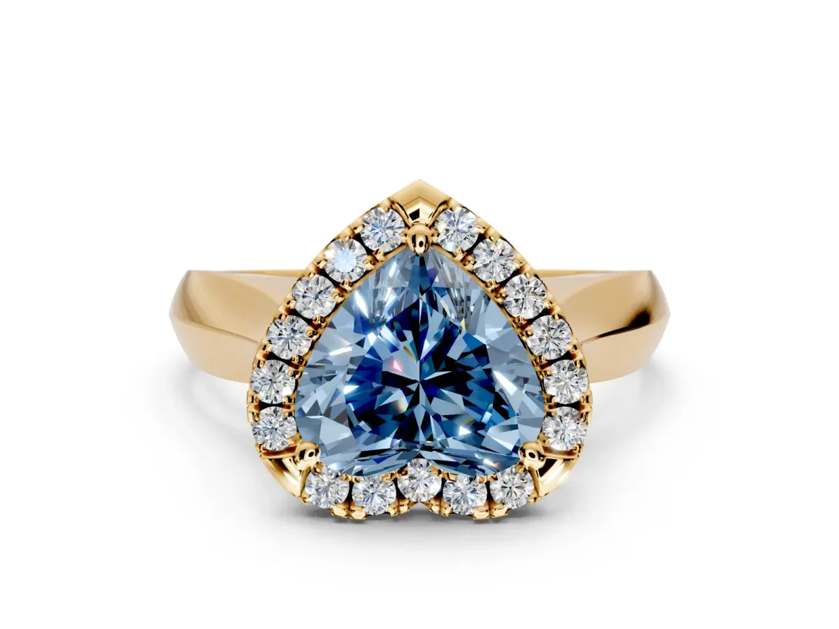 Halo Engagement Ring Setting for Fancy Blue Heart-Shaped Center with Square Band and Prong Head in Yellow Gold