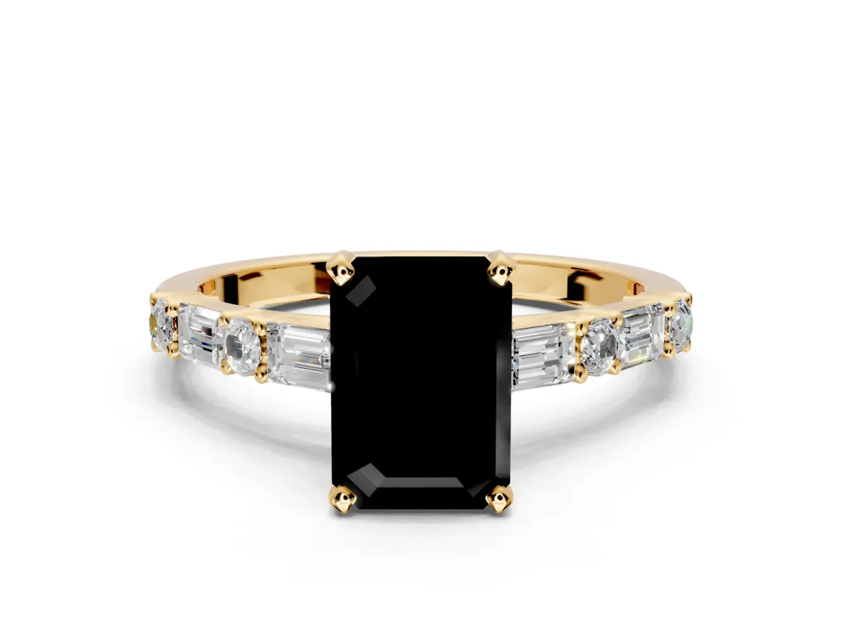 Baguette Engagement Ring Setting for Fancy Black Emerald Cut Center with Alternating Bar-Set Band and Prong Head in Yellow Gold