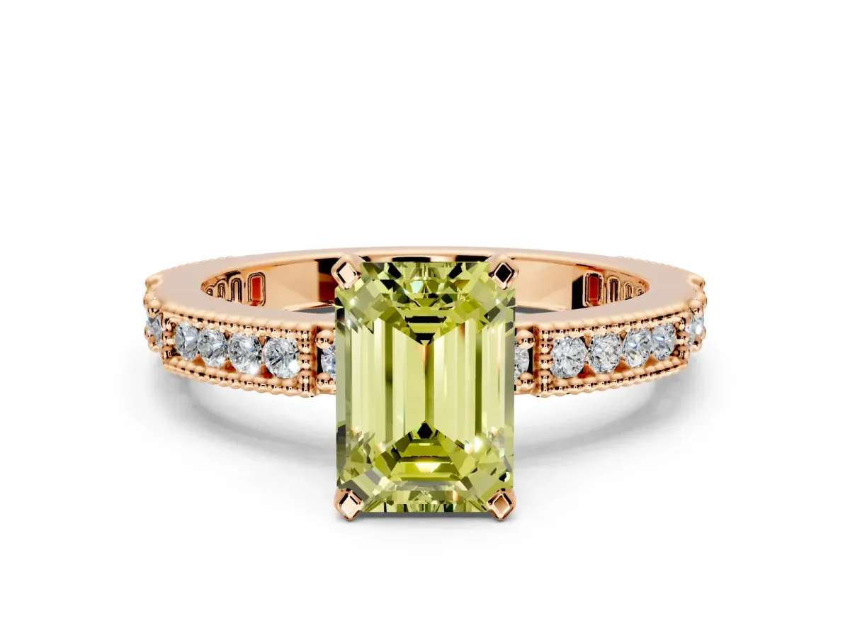 Solitaire Engagement Ring Setting for Fancy Yellow Emerald Cut Center with Milgrain-Edged Pave Band and Prong Head in Rose Gold