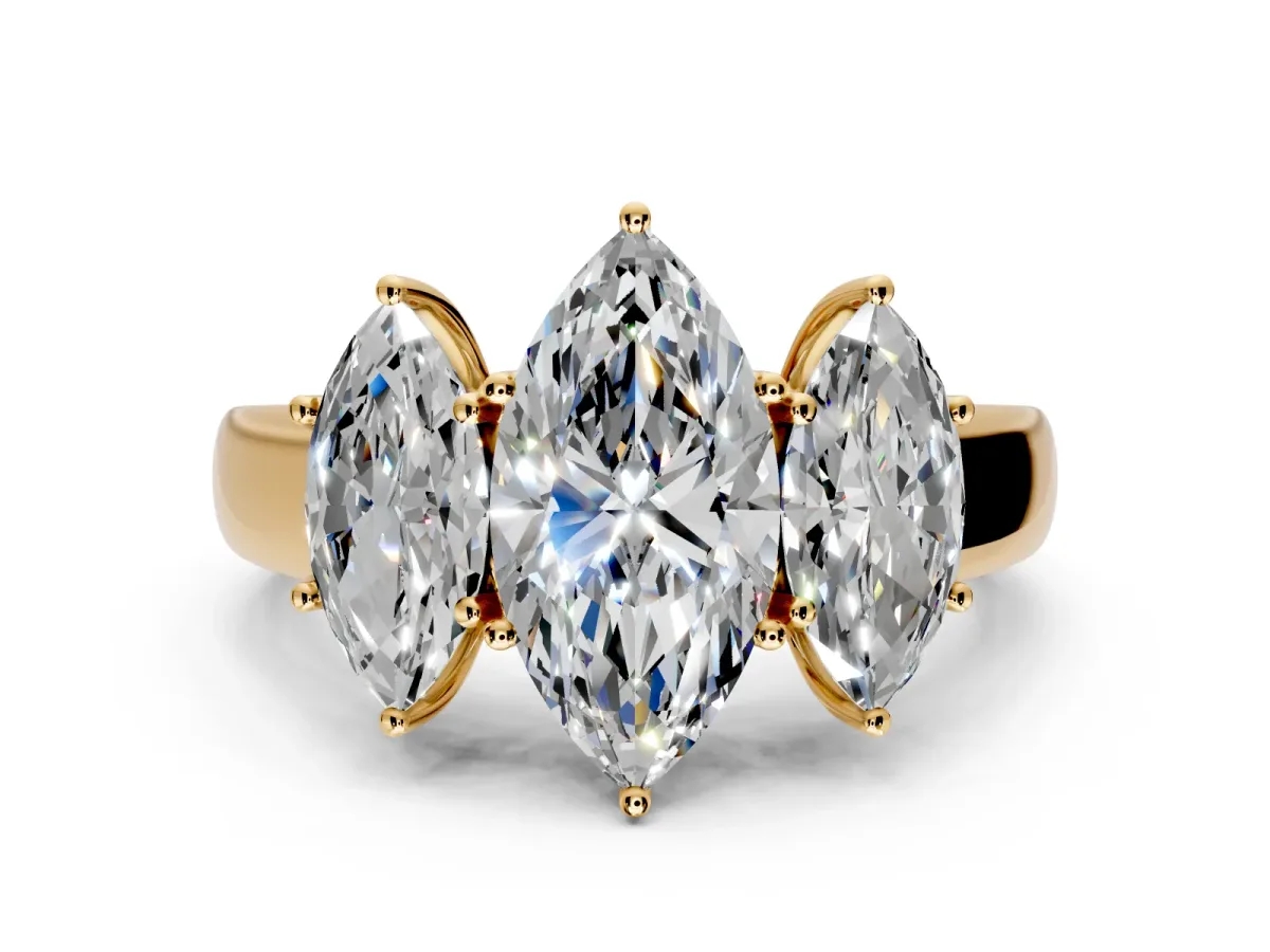 3 Stone Engagement Ring Setting for Marquise Center with Raised Basket Heads and Prong Head in Yellow Gold