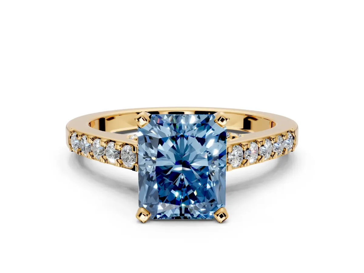 Solitaire Engagement Ring Setting for Fancy Blue Radiant Cut Center with Crossover Accents and Prong Head in Yellow Gold