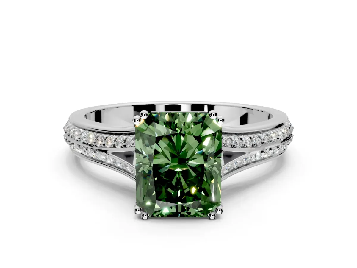 Solitaire Engagement Ring Setting for Fancy Green Radiant Cut Center with Pave Rail Split Shank and Prong Head in Sterling Silver