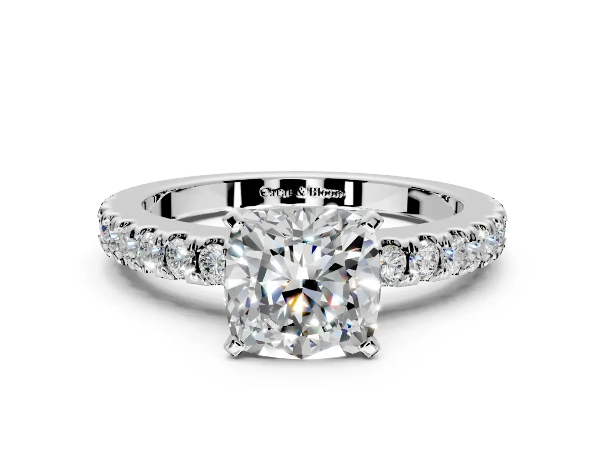 Solitaire Engagement Ring Setting for Cushion Cut Center with Single Row Accent Band and Prong Head in Sterling Silver