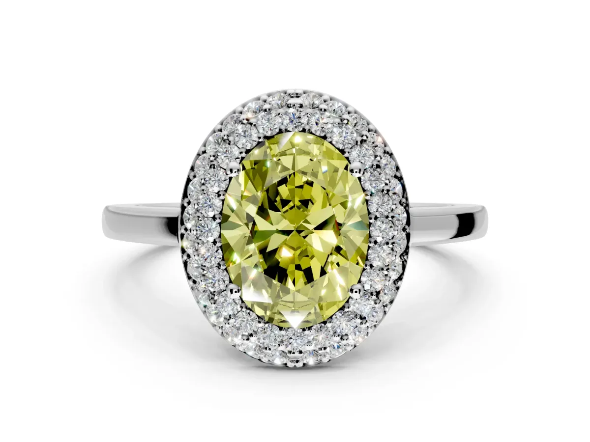 Halo Engagement Ring Setting for Fancy Yellow Oval Center with Plain Tapered Band and Prong Head in Sterling Silver